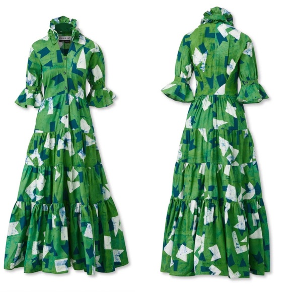 Studio 189 | Green Geo Cotton Ruffle Tiered Long Dress - Picture 1 of 11